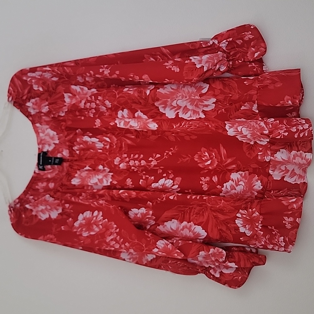 INC Red Floral Peasant Long Sleeve Pullover Top Womens M
